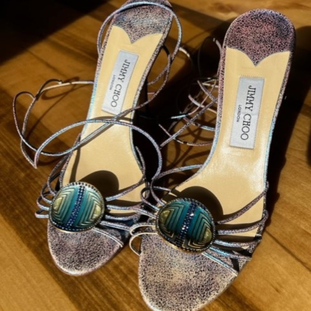 Jimmy Choo Metallic Blue Cracked Leather Border Ankle Wrap Sandals Size 41